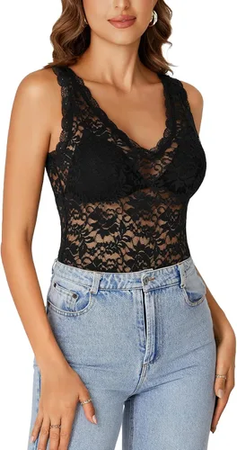 Miniatura 4 de Rooscier - Blusa sin mangas para mujer, con encaje floral, cuello en V, con volantes, transparente, sin sujetador