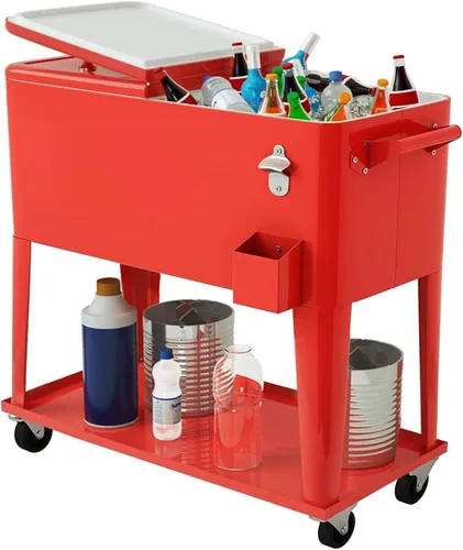 Giantex - Carrito enfriador con ruedas, enfriador para exteriores de 80 cuartos de galón con ruedas de bloqueo, estante de almacenamiento, abridor
