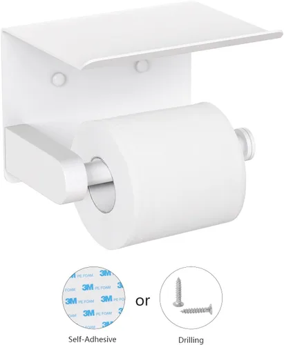 Miniatura 3 de VAEHOLD Soporte de papel higiénico autoadhesivo con estante para teléfono, soporte de rollo de papel higiénico montado en la pared de acero Blanco