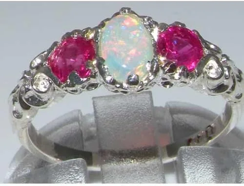 Miniatura 2 de Anillo de plata de ley 925 auténtico ópalo y rubí para mujer