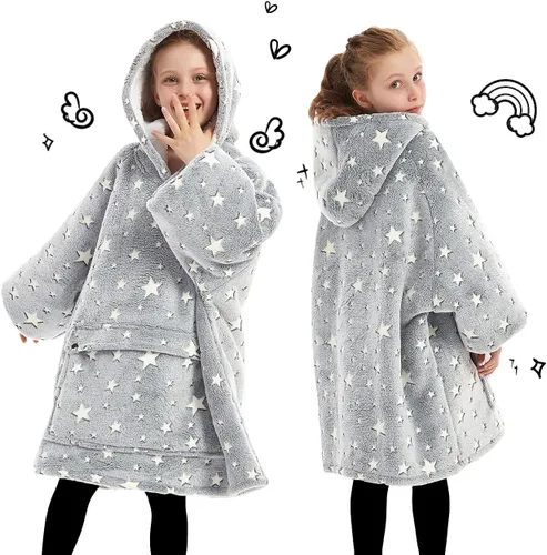 Miniatura 2 de Manta portátil de sherpa con capucha, para niños, todos los patrones, de gran tamaño, sudadera con bolsillos, 6-10 años Brilla en la oscuridad gris
