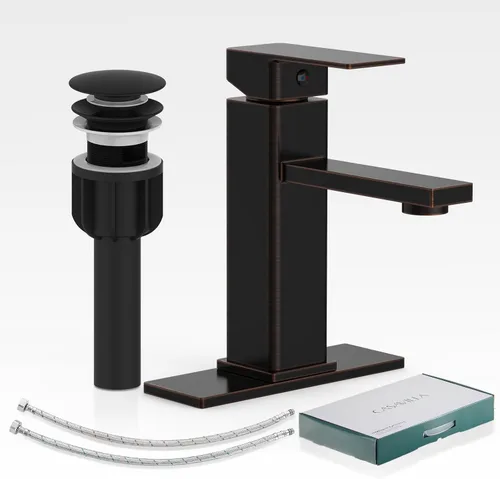 Miniatura 19 de Juego de grifos de baño con desagüe emergente, grifo moderno de lavabo de baño negro de una sola manija con placa de cubierta (1 o 3 agujeros), 1.