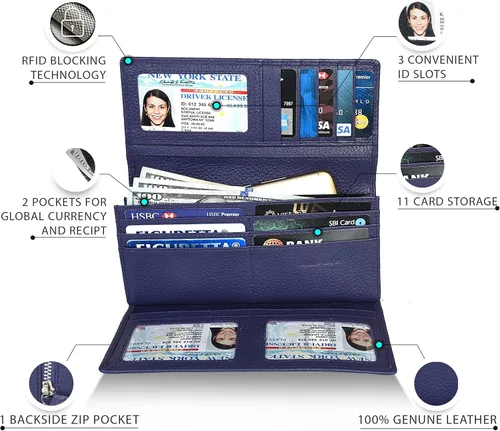 Miniatura 7 de Carteras de piel con bloqueo RFID, para cheques, con 11 ranuras para tarjetas, para mujer