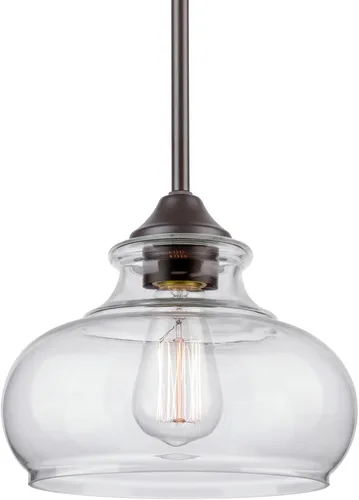 Kira Home Harlow 9" lámpara colgante moderna industrial de granja con pantalla de vidrio transparente, altura de suspensión ajustable, acabado de
