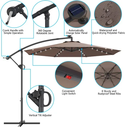 Miniatura 9 de Tangkula Sombrilla solar de patio de 10 pies, sombrilla voladiza para exteriores con rotación de 360 grados, poste de aluminio, fácil ajuste de Café