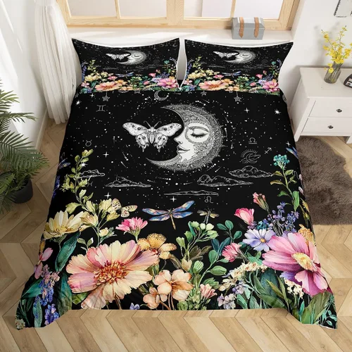 Juego de funda de edredón de polilla morada, tamaño individual, para niños y niñas, colibrí, libélula cósmica, sol, luna, funda de edredón bohemia,
