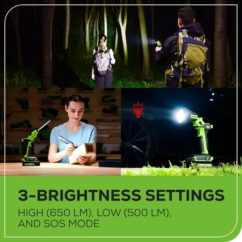Miniatura 8 de Greenworks - Taladro de impacto inalámbrico de 24 V y kit de luz de trabajo 2 en 1 con 2 baterías de 2 Ah y cargador – Sin escobillas, liviano