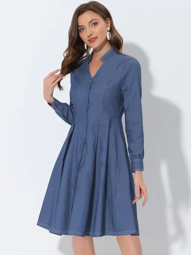 Miniatura 2 de Allegra K Vestido de cambray de manga larga plisado con cuello en V para mujer, M