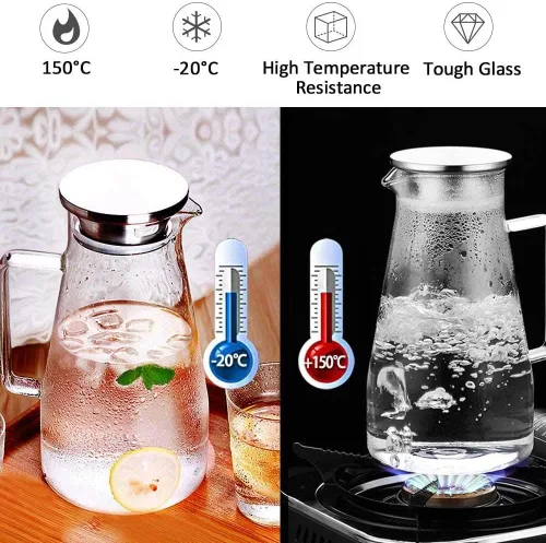 Miniatura 4 de Jarra de vidrio resistente al calor con tapa de acero inoxidable, jarra de agua con asa, buena jarra de bebidas para jugo casero y té helado, 50.7