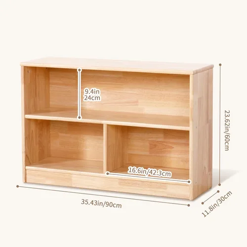 Miniatura 2 de OOOK Gabinete de Almacenamiento de Madera de Caucho de 3 Compartimentos, 35.4" L, Organizadores y Almacenamiento de Juguetes de 2 Niveles, Estante