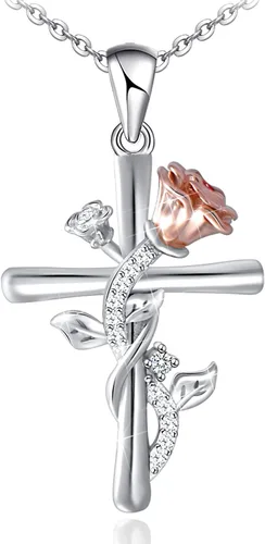 Distance S925 Sterling Silver Rose Flower Necklace, Rose Bracelet, Two-Tone Cross Pendant Necklaces for Women Girls Gift for Valentine Birthday