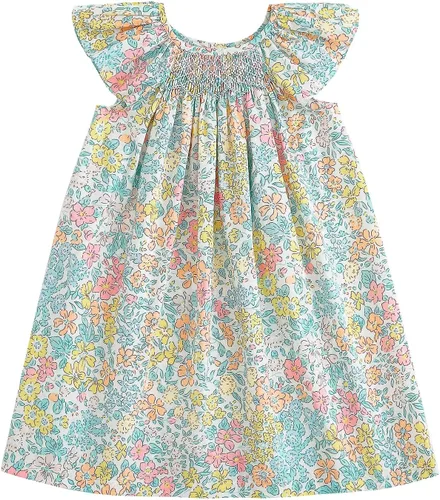 Miniatura 7 de Simplee kids Vestido casual para niñas pequeñas, vestido fruncido con estampado floral para primavera y verano de 1 a 6 años