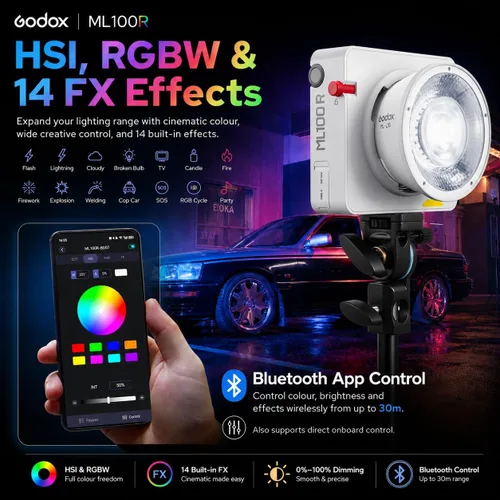 Miniatura 4 de Godox ML100R 110W RGB LED luz de video, con reflector intercambiable de 15°/1800-10000K CCT/14 efectos FX cinematográficos/múltiples opciones