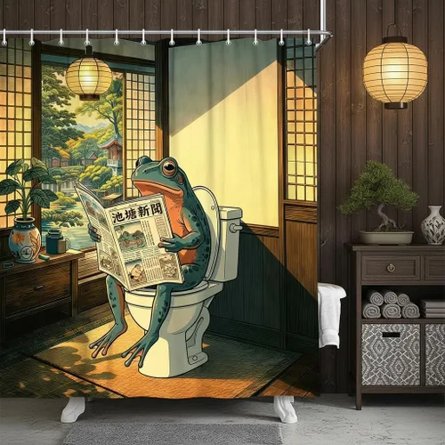 JAWO Divertida cortina de ducha de periódico de lectura de rana, decoración de baño estilo vintage japonés Ukiyo-e, 6 ganchos, 36 x 70 pulgadas