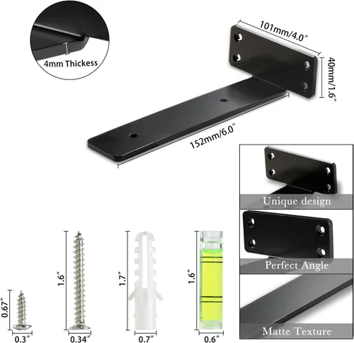 Miniatura 2 de HEART ART Soporte flotante para estante de 6 pulgadas, paquete de 2 soportes de estante resistentes, soportes en L para estantes, color negro, 6
