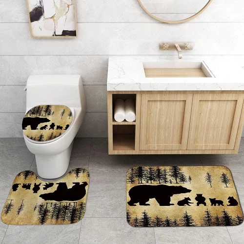 Miniatura 5 de Camille&Andrew - Juego de 4 cortinas de ducha de oso rústico negro, decoración de baño de animales salvajes, alfombra de baño antideslizante