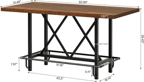 Miniatura 2 de Tribesigns Mesa de bar, mesa de pub industrial de altura de mostrador con reposapiés de metal, mesa de comedor rectangular de madera de 63 pulgadas