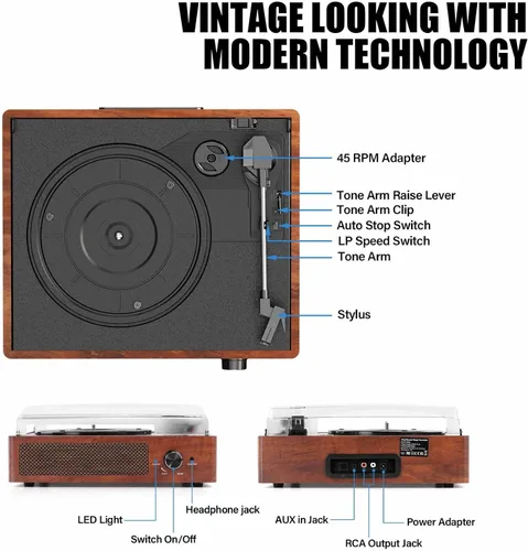 Miniatura 2 de Tocadiscos de vinilo con receptor Bluetooth integrado y 2 altavoces estéreo, 3 velocidades y 3 tamaños, tocadiscos retro portátil para Naranja