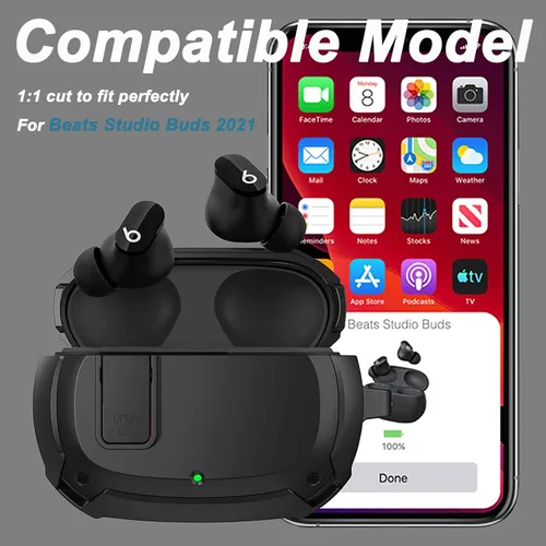 Miniatura 2 de Miimall Funda compatible con Beats Studio Buds, bloqueo seguro, llavero antipérdida, LED frontal visible, funda resistente militar de cuerpo Negro