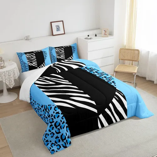 Miniatura 4 de Manfei Juego de edredón de leopardo azul, tamaño individual, juego de ropa de cama con estampado de corazón romántico de 2 piezas para niños y Multi