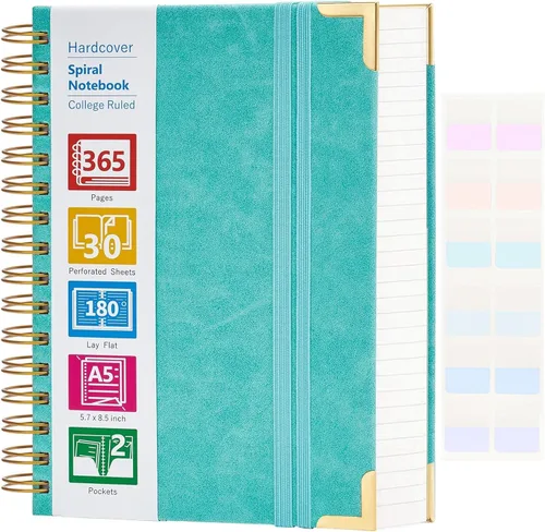 Cuaderno de espiral, cuaderno de cuero de tapa dura de 365 páginas, diario encuadernado de gran tamaño A5 para mujeres y hombres, cuadernos rayados