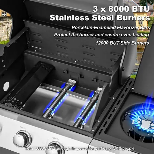 Miniatura 5 de MELLCOM Parrilla de barbacoa de acero inoxidable mejorada de 36,000 BTU, parrilla de gas propano BBQ de 3 quemadores con rejillas de hierro fundido