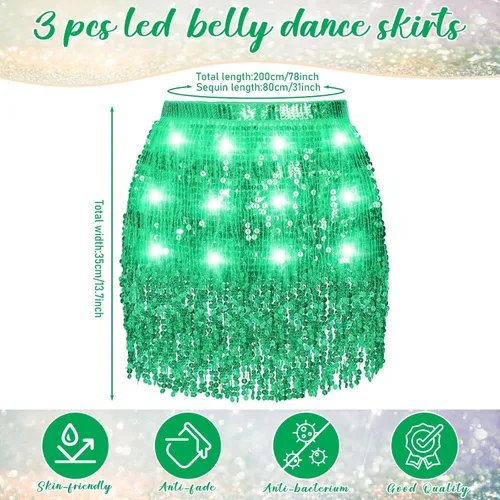 Miniatura 2 de 3 piezas de falda de lentejuelas iluminadas con borlas LED, falda de cadera con flecos, falda de danza del vientre, falda con purpurina para mujer