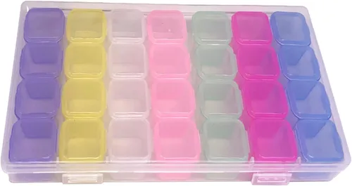 Miskall Estuche organizador de plástico con 28 ranuras, transparente, decoración de accesorios de arte de uñas, caja organizadora de almacenamiento