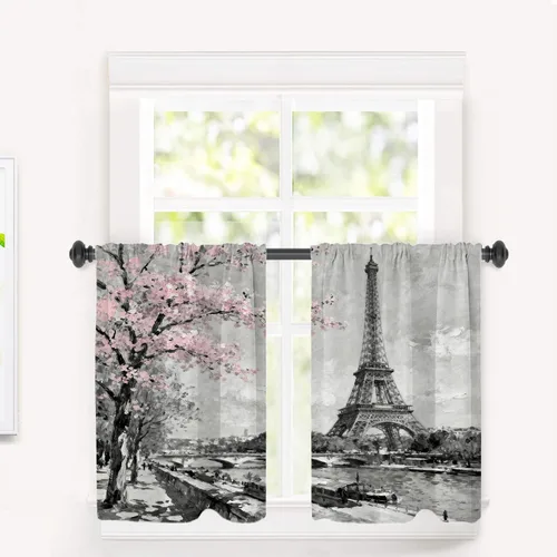 Miniatura 47 de Cortinas opacas de cocina con pintura al óleo de Europa rosa y negra para ventanas, cenefas opacas modernas de torre Eiffel de poliéster multicapa