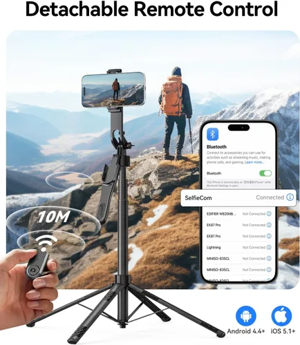 Miniatura 5 de ORICO Trípode de teléfono de 69 pulgadas, trípode para selfie stick para iPhone con control remoto inalámbrico, soporte giratorio de 360°
