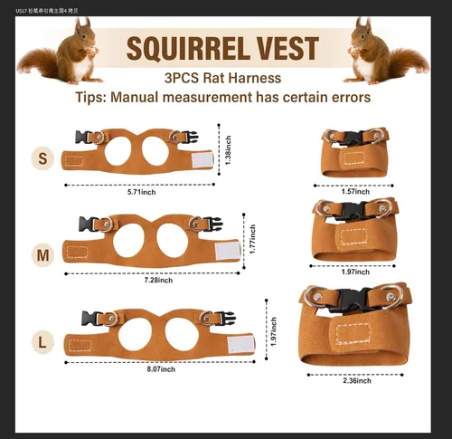 Miniatura 5 de Arnés y correa para ratas, 3 unidades, chaleco para caminar de animales pequeños, correa de cuerda de tracción ajustable para ardilla, jerbo, rata