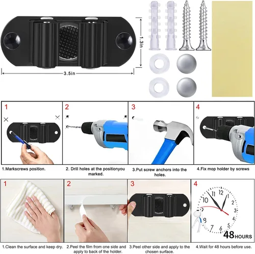 Miniatura 7 de HYRIXDIRECT Soporte para escoba autoadhesivo sin necesidad de perforación, montaje en pared, organizador para fregona y escoba con gancho