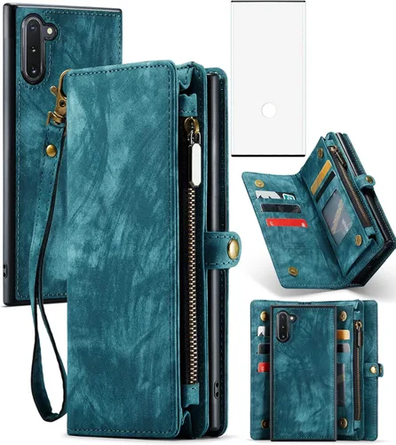 Asuwish Funda de teléfono para Samsung Galaxy Note 10 Glaxay Note10 5G con cremallera, funda desmontable con protector de pantalla de vidrio Azul