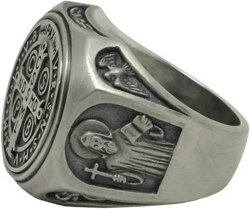 Miniatura 9 de Anillo de plata de ley 925 de San Benito para hombre, exorcismo católico cristiano, protección demoníaca