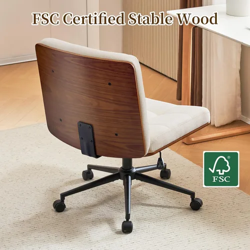 Miniatura 3 de Furnimart FSC - Silla de escritorio ancha de madera, giratoria de 360° con ruedas, cómoda silla de oficina para sentarse con las piernas cruzadas