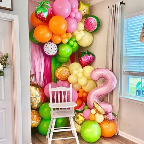 Miniatura 7 de Kit de arco de guirnalda de globos de frutas rosa, rojo, amarillo, verde, naranja, globos de aluminio con sandía, fresa, limón y naranja, globos