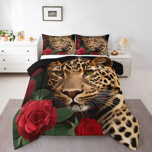 Miniatura 3 de Erosebridal Juego de ropa de cama de guepardo con rosa roja, juego de edredón con estampado de leopardo y gato, edredón romántico de plumón, Multi 03
