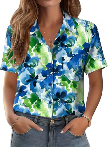 Miniatura 8 de Zeagoo Blusa de manga corta con botones para mujer, con bolsillo en el busto, para negocios, casual, para el trabajo, trajes de verano