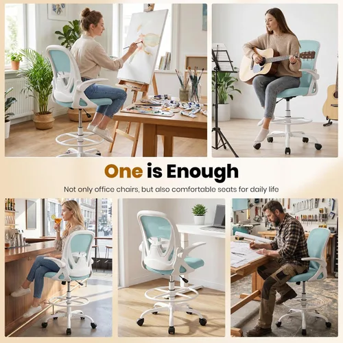 Miniatura 5 de Primy Silla de Dibujo Silla Alta de Oficina con Reposabrazos Abatibles Silla Ejecutiva Ergonómica de Computadora para Escritorio de Pie con Soporte