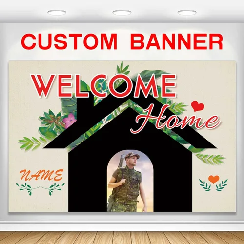 Miniatura 8 de Pancarta personalizada de bienvenida a casa, señal de bienvenida a casa en negro y oro para decoración exterior, suministros de fiesta de regreso