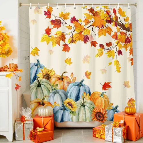 Miniatura 5 de Cortina de ducha de otoño con hojas de arce y ganchos, tela de poliéster impermeable, cosecha de Acción de Gracias, calabaza, girasol, juego