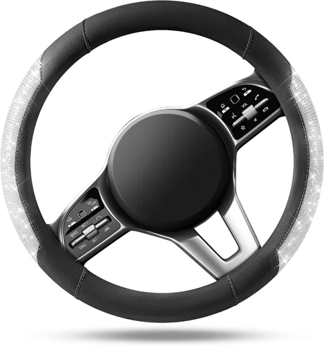 Miniatura 2 de PIC AUTO Funda para volante, purpurina de cristal brillante con cuero negro, ajuste universal de 14.5 a 15.5 pulgadas para volantes de automóvil