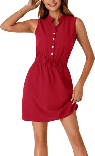 Miniatura 5 de LYANER Minivestido de trabajo con cuello en V para mujer, sin mangas, con botones en la parte delantera y cordón