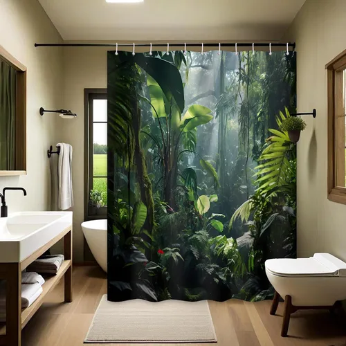 Miniatura 14 de Cortina de ducha verde de selva naturaleza bosque selva tropical paisaje planta tropical decoración de baño, tela impermeable con ganchos, 36x72