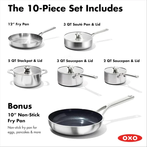 Miniatura 4 de OXO Mira - Juego de ollas y sartenes de acero inoxidable de triple capa, 10 piezas, sartenes, cacerolas, tapas, sartén antiadherente de cerámica