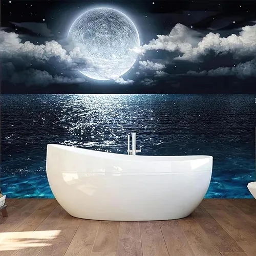 Miniatura 3 de Papel tapiz fotográfico grande 3D de luna brillante en el mar, murales de pared con vista nocturna de cielo nocturno, papel tapiz mural para sala