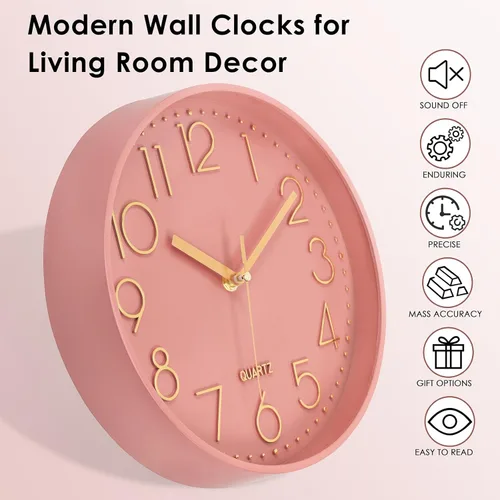 Miniatura 4 de Lumuasky Reloj de pared rosa, moderno, funciona con pilas, analógico, pequeño, lindo, silencioso, sin tictac, reloj decorativo para escuela