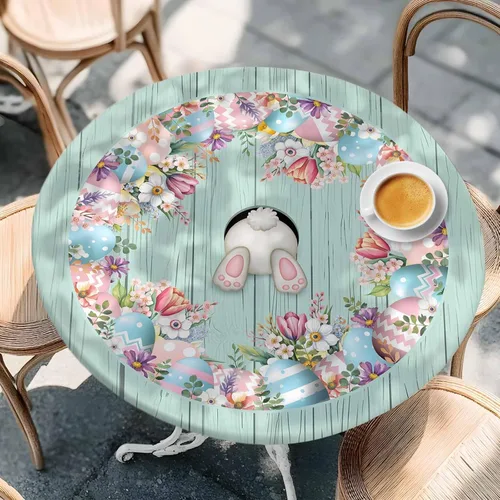 Miniatura 19 de Mantel Ajustable con Cola de Conejo de Pascua para Mesa Redonda, Cubierta de Mesa de Tulipán y Huevo de Primavera con Borde Elástico Impermeable