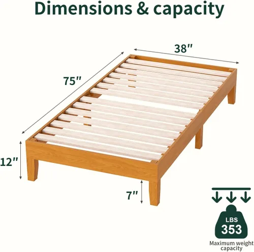 Miniatura 2 de BLKMTY Marco de cama de madera, cama de tamaño individual, sin plataforma de cabecero, con espacio de almacenamiento inferior, fácil montaje,