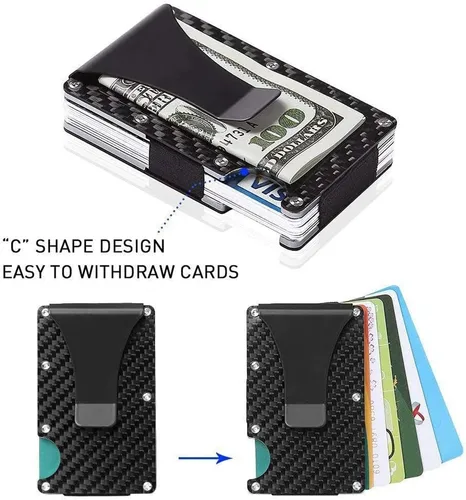 Miniatura 2 de Cartera de fibra de carbono soporte para tarjeta de crédito con bloqueo RFID clip de dinero minimalista delgado para hombres y mujeres negro